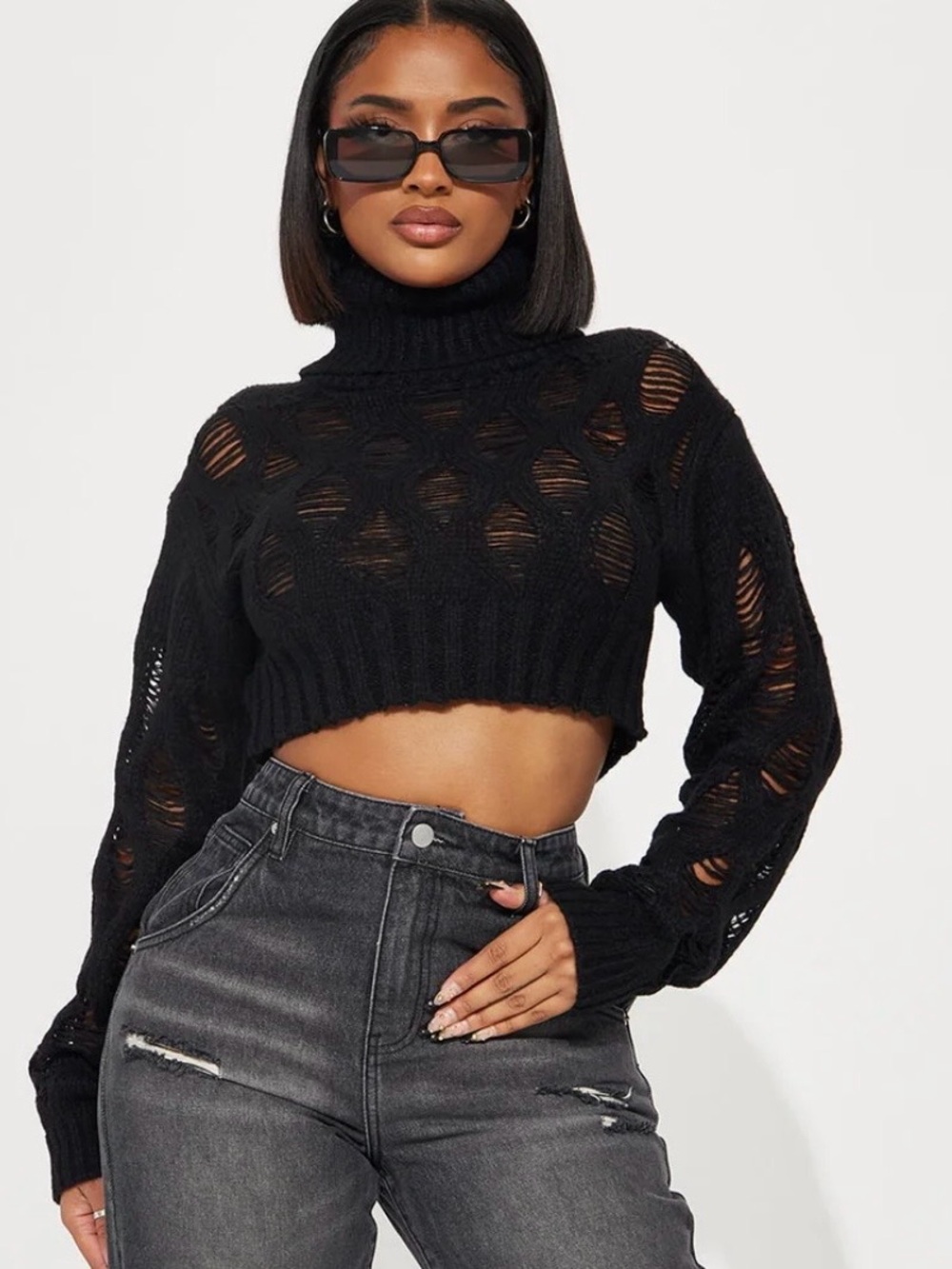 Fashion Nova Cropped Black Turtleneck Distressed Knit Sweater size small